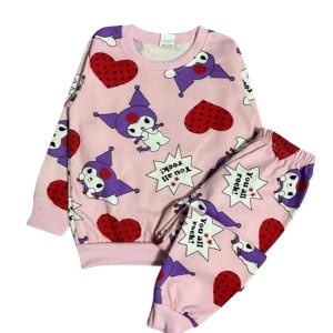 Kız Çocuk Iki Iplik Şardonlu Pembe Kuromi Kalp Desenli Uzun Kollu Pijama Takımı