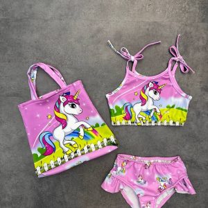Kız Çocuk Unıcorn Baskılı Üç Parça Yazlık 1. Kalite Kalıp Tatil Çantalı Pembe Bikini Mayo Takımı
