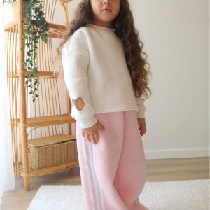 Kız Çocuk Kalp Kesim %100 Pamuk Kol Yanları Şerit Detaylı Sweatshirt Eşofman Alt Üst Takım