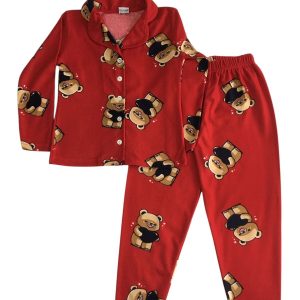 Kız Çocuk Kırmızı Ayıcık Desenli Önden Düğmeli Süet Yeni Yıl Konseptli Pijama Takımı