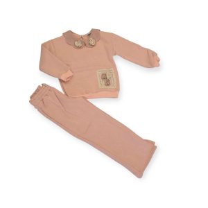 Kız Çocuk Kalp Kesim %100 Pamuk Kol Yanları Şerit Detaylı Pamuklu Eşofman Alt Üst 2'li Takım